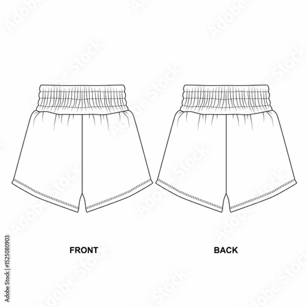 Fototapeta Set of  drawings of sport shorts on elastic band front and back view. Template of basic short shorts. Shorts for home, vacation, sleep, beach, walking in summer.