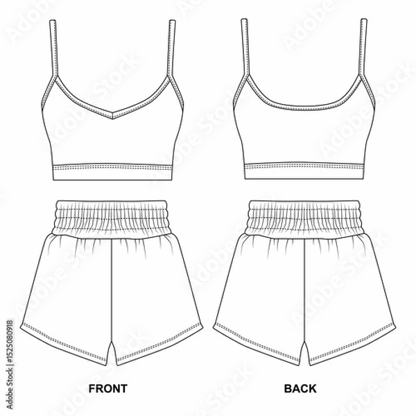 Fototapeta Sketch of home wear, sleep bodice and shorts, front and back view. Set of  designs of sports uniforms.  Template of shorts and bra for fitness, running, gym.