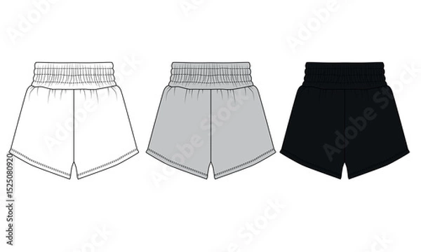 Fototapeta Set of vector designs of sport shorts on elastic band in gray, black, white colors. Template of basic short shorts. Shorts for home, vacation, sleep, beach, walking in summer.
