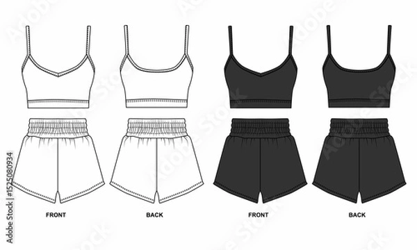 Fototapeta Set of  drawings of sports uniforms, black and white colors. Sketch of clothing for home, sleep bodice and shorts, front and back view. Template of shorts and bra for fitness, run