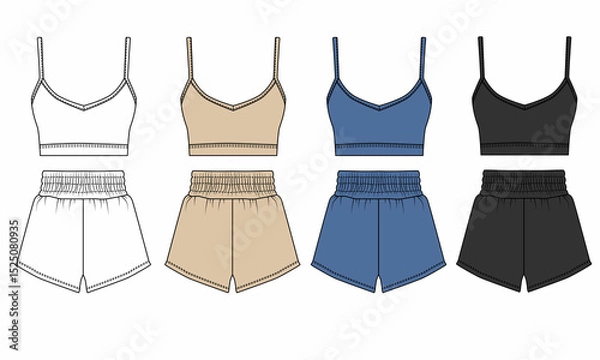 Fototapeta Set of  drawings of sports uniforms, white, blue, beige, black colors. Sketch of clothing for home, sleep bodice and shorts. Shorts and bra template for fitness, running, gym.