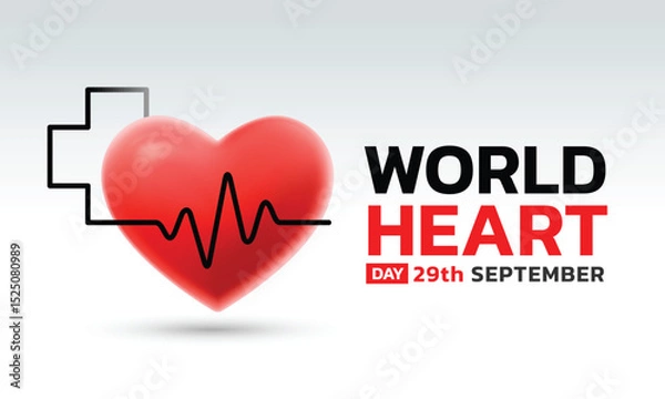 Fototapeta World Heart Day on September 29. Includes heart icons, EKG lines, and medical elements for use in health awareness campaigns, posters, web banners, and social media content.