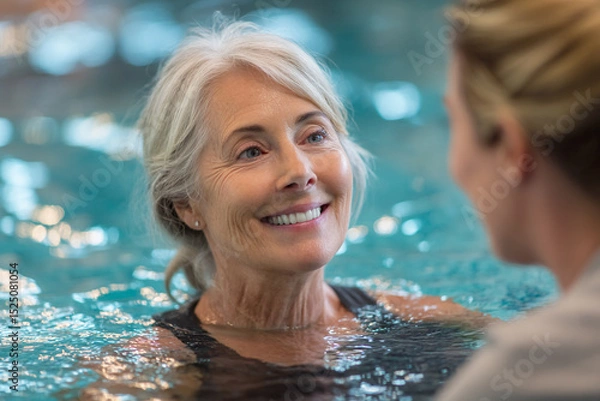 Obraz Smiling senior woman in swimming pool water,  depicting health, wellness and active aging