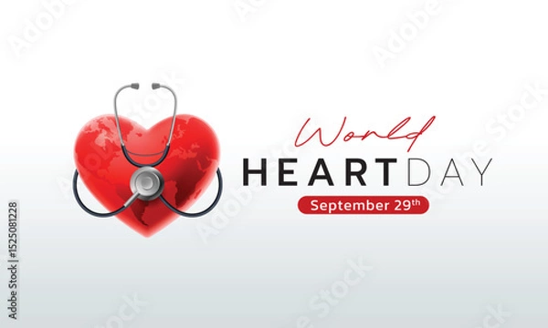 Fototapeta World Heart Day on September 29. Includes heart icons, EKG lines, and medical elements for use in health awareness campaigns, posters, web banners, and social media content.