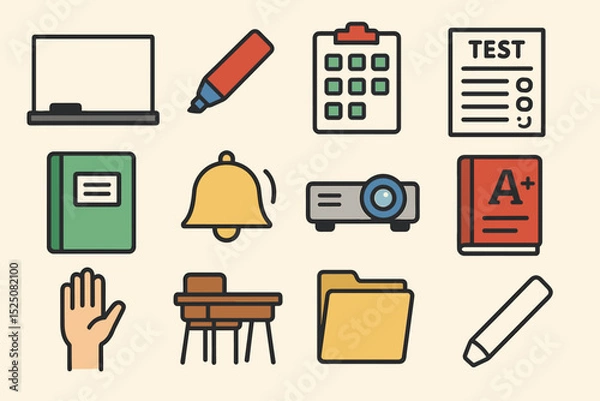 Fototapeta Colorful school icon set: education, learning, and classroom essentials