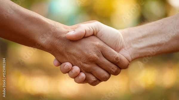 Obraz Close-up of two hands clasped in a handshake, skin tones differing, set against a blurred autumnal background symbolizing unity, collaboration, and partnership