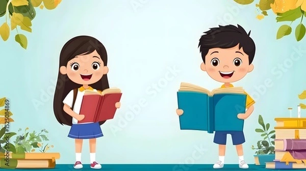 Obraz animated design with boy and girl holding big book, school theme