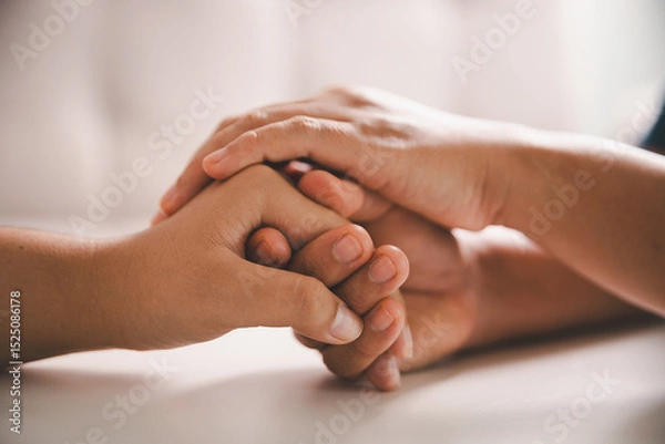 Obraz Hope and trust with crisis concept. Closeup, love and holding hands for support, comfort and care with grief, loss and empathy. people and family with compassion, sympathy and healing with bonding.