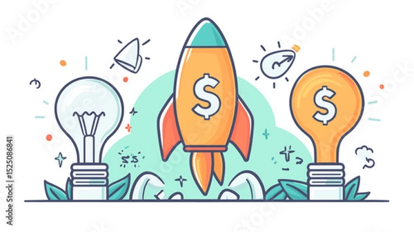 Fototapeta A set of flat vector cartoon startup launch icons featuring rocket briefcase lightbulb and dollar sign on white background no shading no gradient 