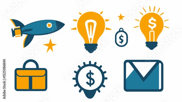 Fototapeta A set of flat vector cartoon startup launch icons featuring rocket briefcase lightbulb and dollar sign on white background no shading no gradient 