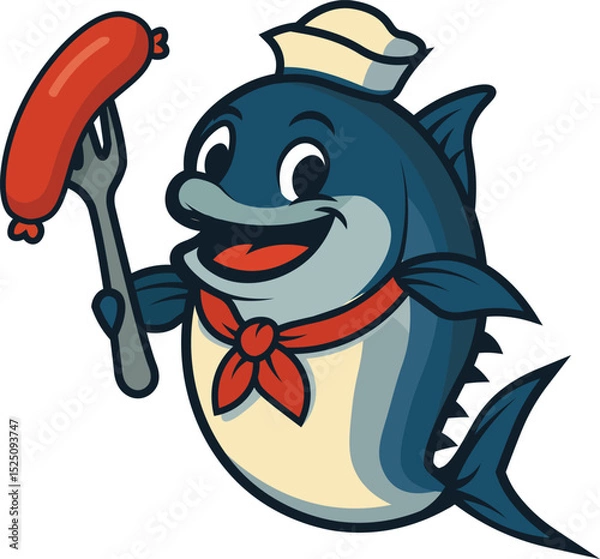 Obraz Happy Cartoon Fish Chef with Sausage and Fork