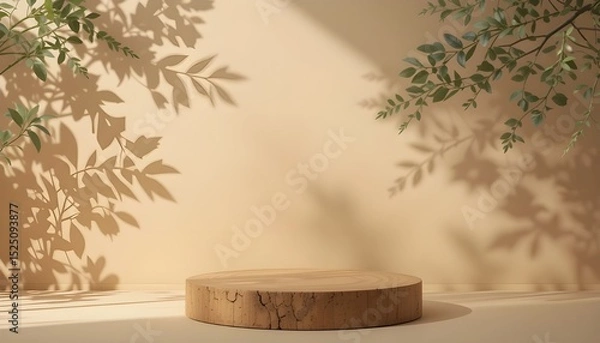 Fototapeta Wooden Podium Top View with Leaves Shadows on Beige Background Product Presentation Showcase Flat Lay Banner