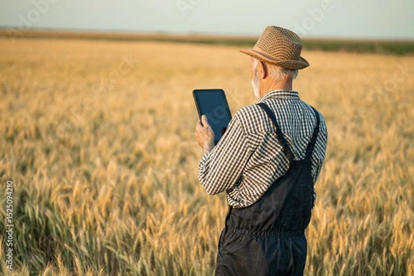 Fototapeta The elderly farmer reviews data on his tablet while examining wheat, symbolizing a bridge between traditional and modern farming.