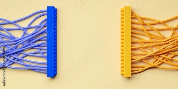 Fototapeta Blue and yellow connectors with cables on off-white background, communication or network concept