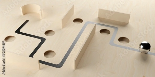 Fototapeta Wooden labyrinth or maze with chrome ball, problem solution or direction finding business concept background