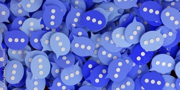 Fototapeta Heap of blue speech bubbles with white dots, social media chat, message or chatbot concept background