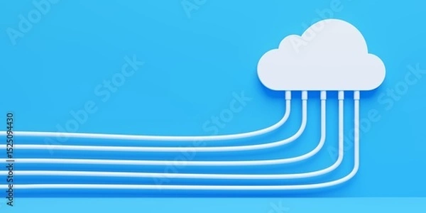 Fototapeta White cloud symbol with white cables connecting to it on blue wall and floor background, cloud storage, connection or internet concept
