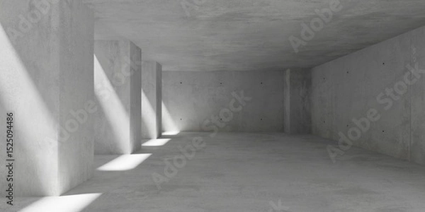 Fototapeta Abstract empty, modern concrete room with series of pillars, small windows with sunlight and rough floor - industrial interior background template