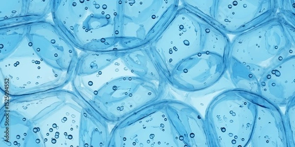 Fototapeta Abstract transparent blue molecules with bubbles background, chemistry or science concept template