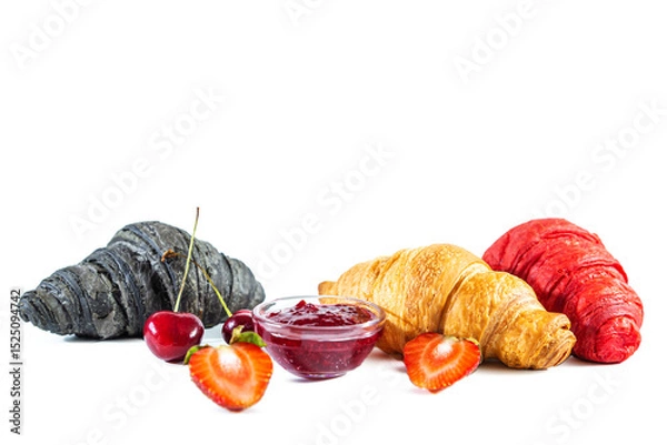 Fototapeta Classic, red and black croissants, jam and berries isolated on white.