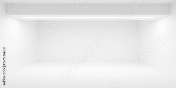 Fototapeta Empty blank white room background with horizontal ceiling beam with light inlay, modern interior template