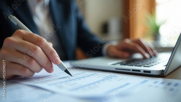 Fototapeta Business person using a laptop to complete income tax return form online.Calculation tax return concept..