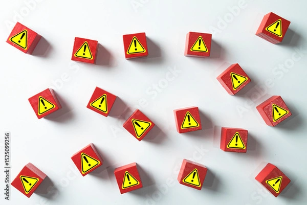 Obraz Red wooden blocks with yellow warning sign icons scattered on a white background. Concept for multiple risks, danger alerts, safety hazards, problem identification.