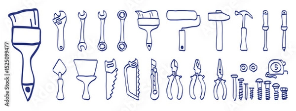 Fototapeta Construction tools vector set. Color brush, marker or pen sketch. Adjustable wrench, brush, roller, hammer and nails. Screw, nut and bolt. Tape measure, screwdriver, putty knife, saw