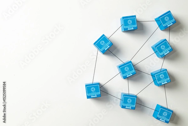 Obraz Blue wooden blocks with video icons connected in a network.Concept for e-learning,online learning platforms,video streaming,social media content,distance education,and modern school technology.