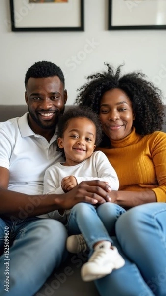 Fototapeta A black family enjoys quality time together on a couch, smiling as the child sits comfortably in their lap, creating a warm and happy atmosphere.