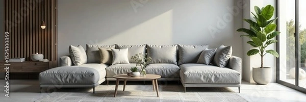 Obraz Contemporary gray sofa, minimalist design, comfy cushions , modern furniture, home interior