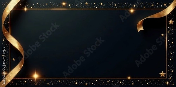 Obraz Elegant black Xmas banner, gold swirl ribbons & stars , elegant, shiny