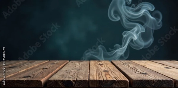 Obraz Empty rustic wooden table, swirling smoke, dark backdrop, vintage, fog