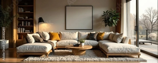Obraz Modern living room, plush seating, wooden elements, cozy blankets , interior design, plush