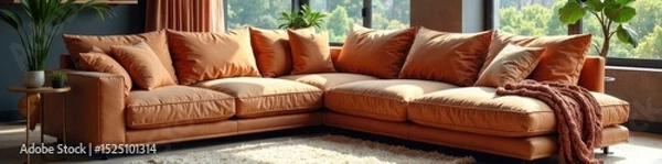 Obraz Oversized sectional sofa, plush cushions, knit throw draped over arm , apartment, plush