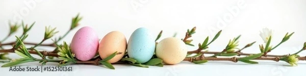 Obraz Pastel eggs nestled amongst delicate willow branches on white background, texture, minimal