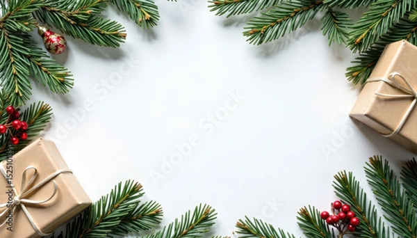 Obraz Rustic Christmas border; white & brown gifts, pine branches on white , rustic, seasonal