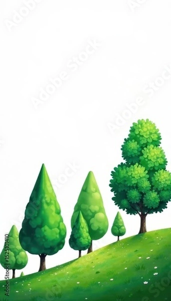 Obraz Series of green trees, white background, style, woodland, clipart