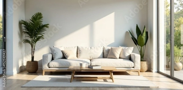Obraz Sleek sofa, minimalist coffee table, bright sunlit room, simple, decor