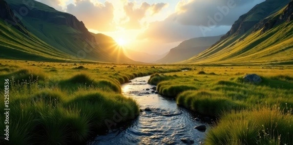 Obraz Sunlit Asbyrgi canyon, Iceland, verdant valley floor, breathtaking, drone