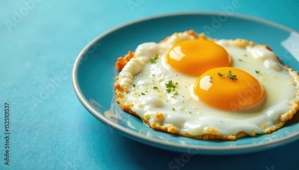 Obraz Sunny-side up fried eggs, yolk-centric, blue backdrop, yolk, cuisine