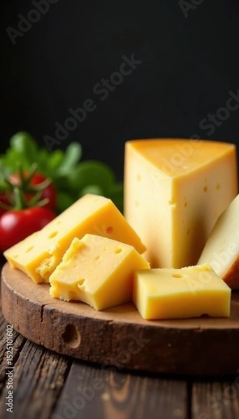 Obraz Varied cheeses, cheddar, brie, gouda, rustic wood board, cheese, wood