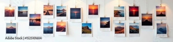Fototapeta Various polaroid photos arranged on white wall, creating vibrant display, background, display, polaroid