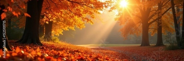 Obraz Warm sunlight filtering through vibrant autumn foliage , ray, nature, trail