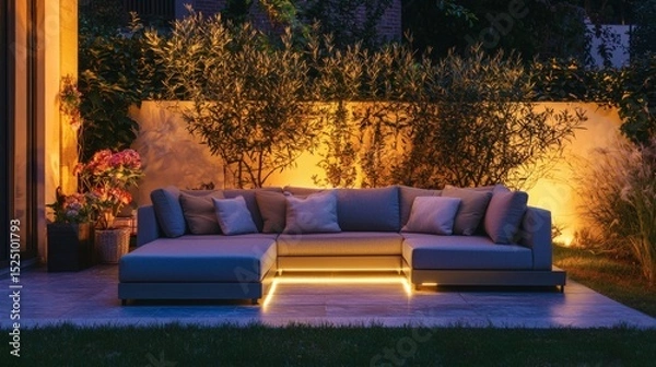Fototapeta 112. Garden patio sofa with throw pillows under ambient lights