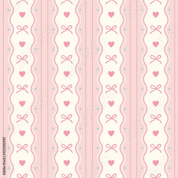 Fototapeta Coquette seamless pattern with vertical pink and cream stripes , decorative pink bows and heart and subtle blue polka dots background ideal for feminine designs..