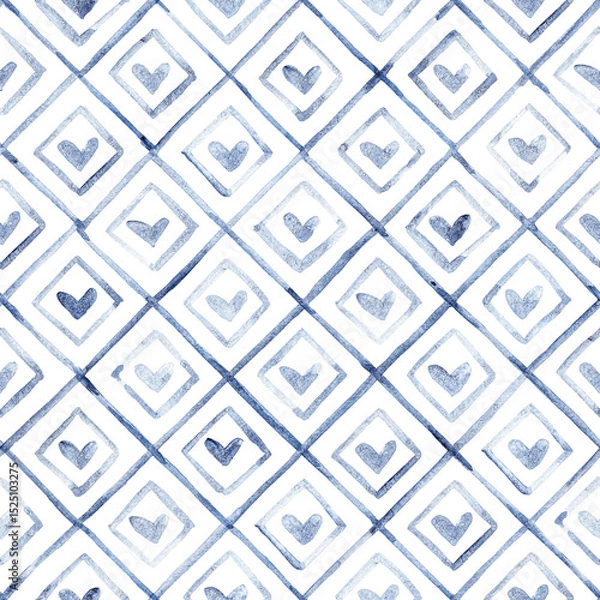 Fototapeta Elegant seamless pattern with hand-drawn blue hearts inside geometric diamond shapes. Watercolor texture adds a soft and delicate feel. Perfect for wrapping, fabric, or baby items.