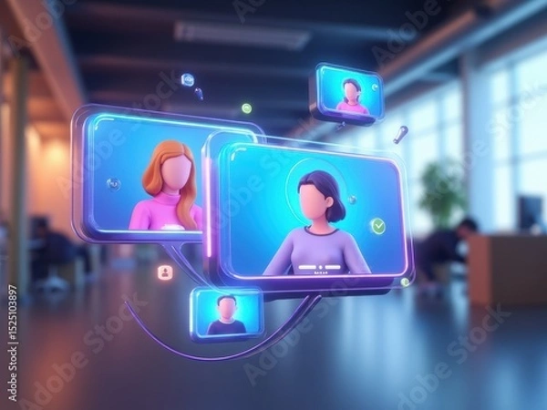 Fototapeta A futuristic 3D video call icon with floating screens and a blurred office background, representing remote meetings.