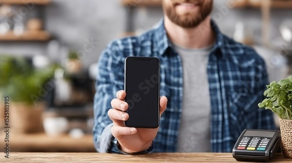 Fototapeta Male hand showing smartphone mockup next to payment terminal