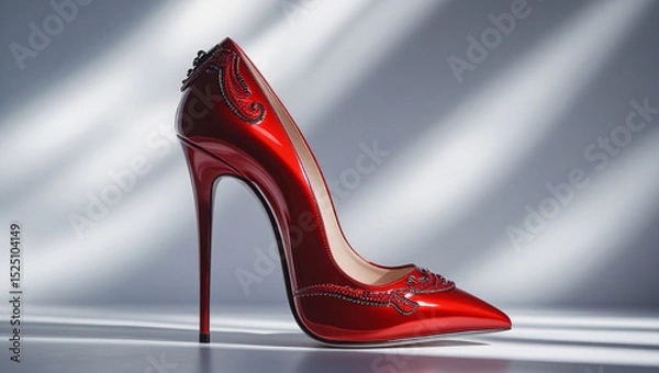 Fototapeta Elegant Red High-Heeled Pump with Intricate Metallic Detailing